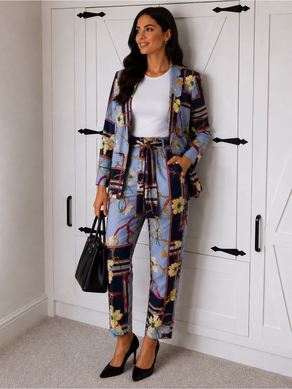 Patterned Open-Front Blazer Jacket - Light Blue & Navy